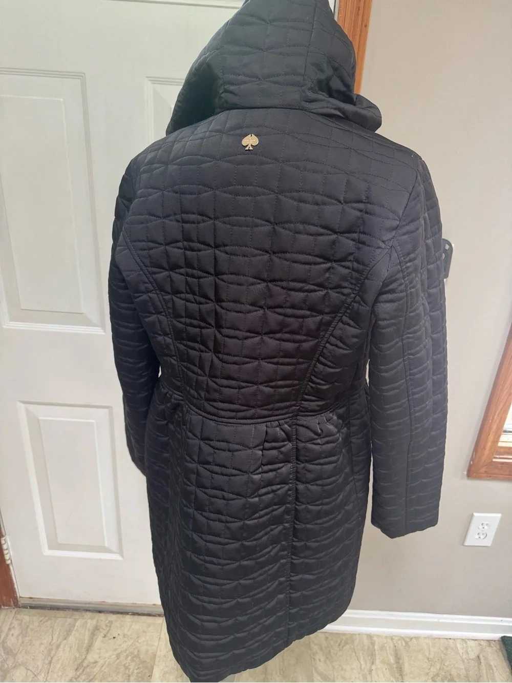 Kate Spade Black Quilted Hooded Puffer Coat Striped Lining Small